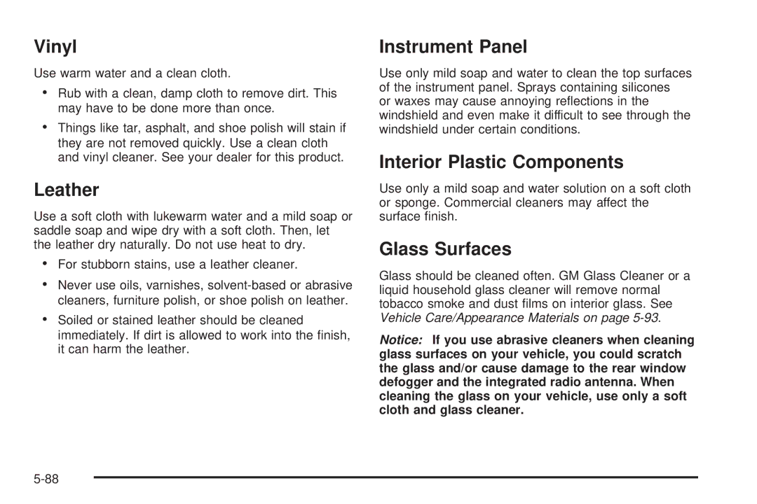 Chevrolet 2005 owner manual Vinyl, Leather, Instrument Panel, Interior Plastic Components, Glass Surfaces 