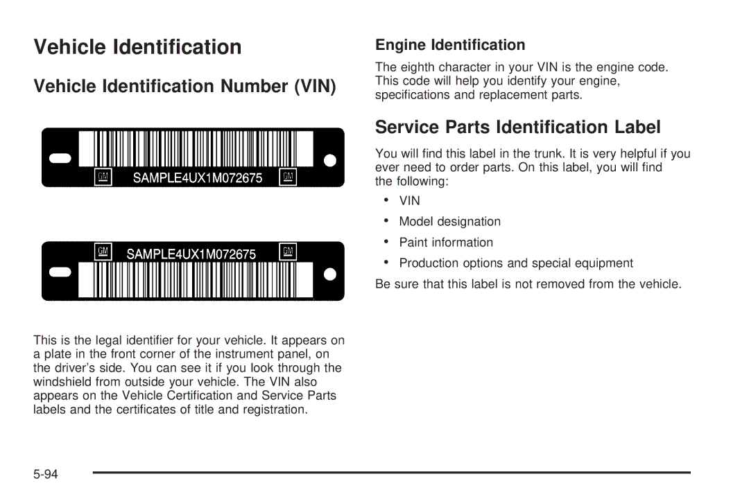 Chevrolet 2005 owner manual Vehicle Identiﬁcation Number VIN, Service Parts Identiﬁcation Label, Engine Identiﬁcation 