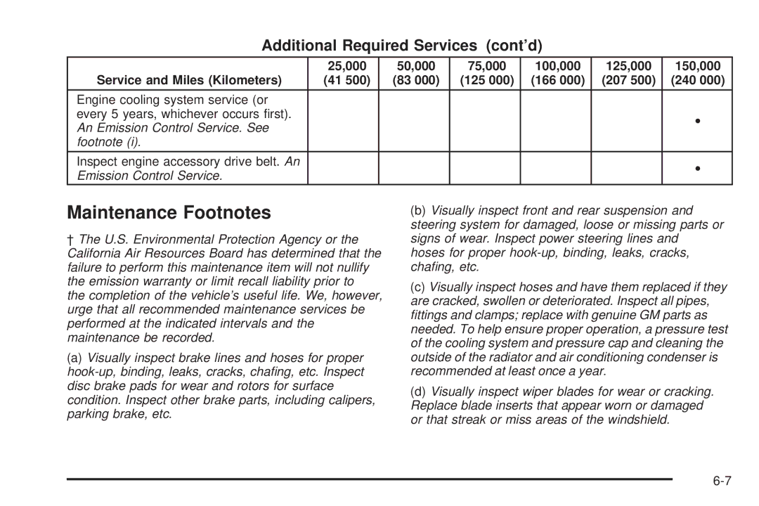 Chevrolet 2005 Maintenance Footnotes, Additional Required Services cont’d, Inspect engine accessory drive belt. An 