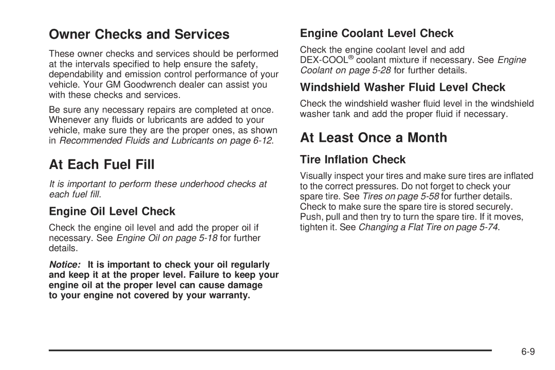 Chevrolet 2005 owner manual Owner Checks and Services, At Each Fuel Fill, At Least Once a Month 