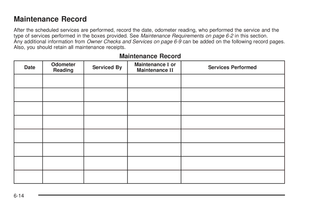 Chevrolet 2005 owner manual Maintenance Record 