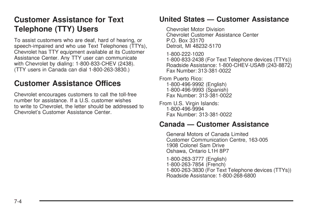 Chevrolet 2005 Customer Assistance for Text Telephone TTY Users, Customer Assistance Offices, Canada Customer Assistance 