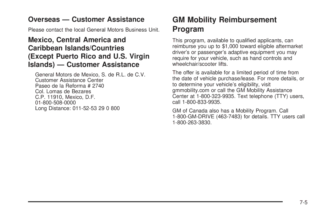 Chevrolet 2005 owner manual GM Mobility Reimbursement Program, Overseas Customer Assistance 