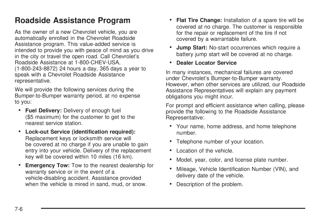 Chevrolet 2005 owner manual Roadside Assistance Program, Dealer Locator Service 