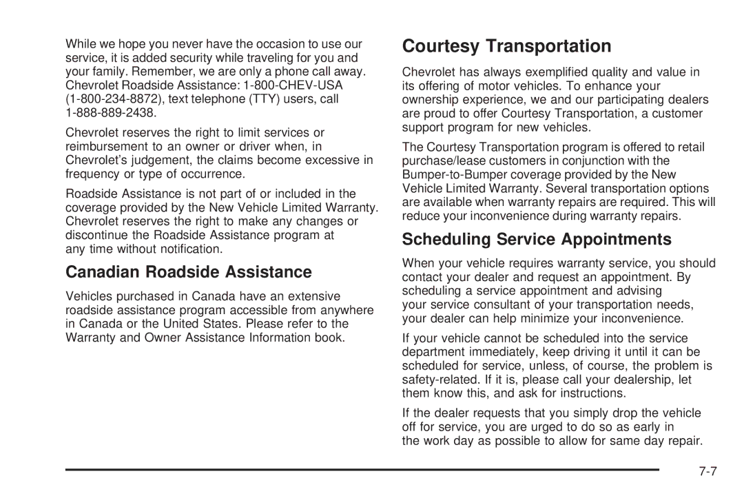 Chevrolet 2005 owner manual Courtesy Transportation, Canadian Roadside Assistance, Scheduling Service Appointments 