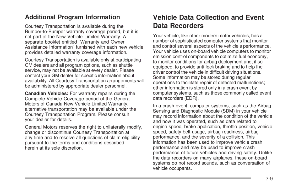 Chevrolet 2005 owner manual Vehicle Data Collection and Event Data Recorders, Additional Program Information 