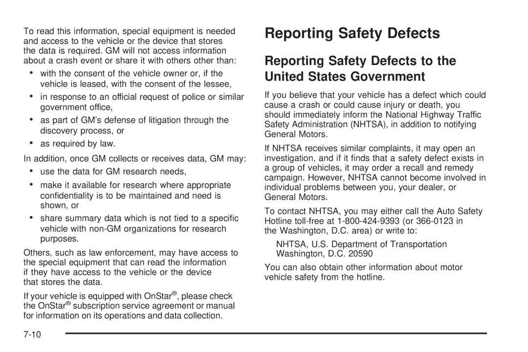 Chevrolet 2005 owner manual Reporting Safety Defects to the United States Government 