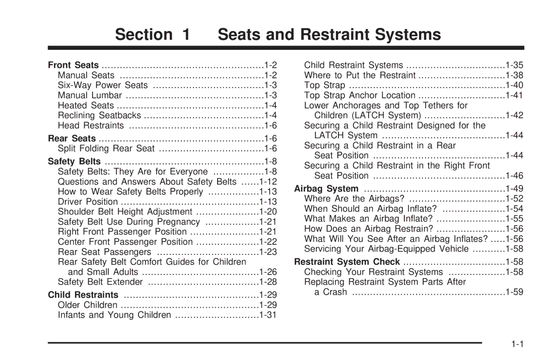 Chevrolet 2005 owner manual Seats and Restraint Systems 