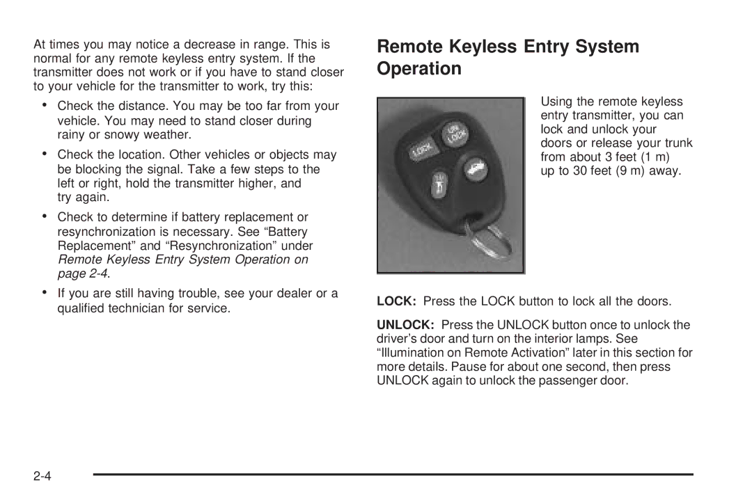 Chevrolet 2005 owner manual Remote Keyless Entry System Operation 