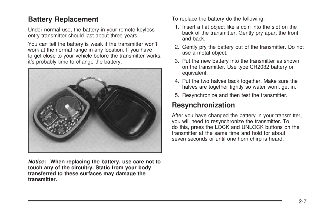 Chevrolet 2005 owner manual Battery Replacement, Resynchronization 