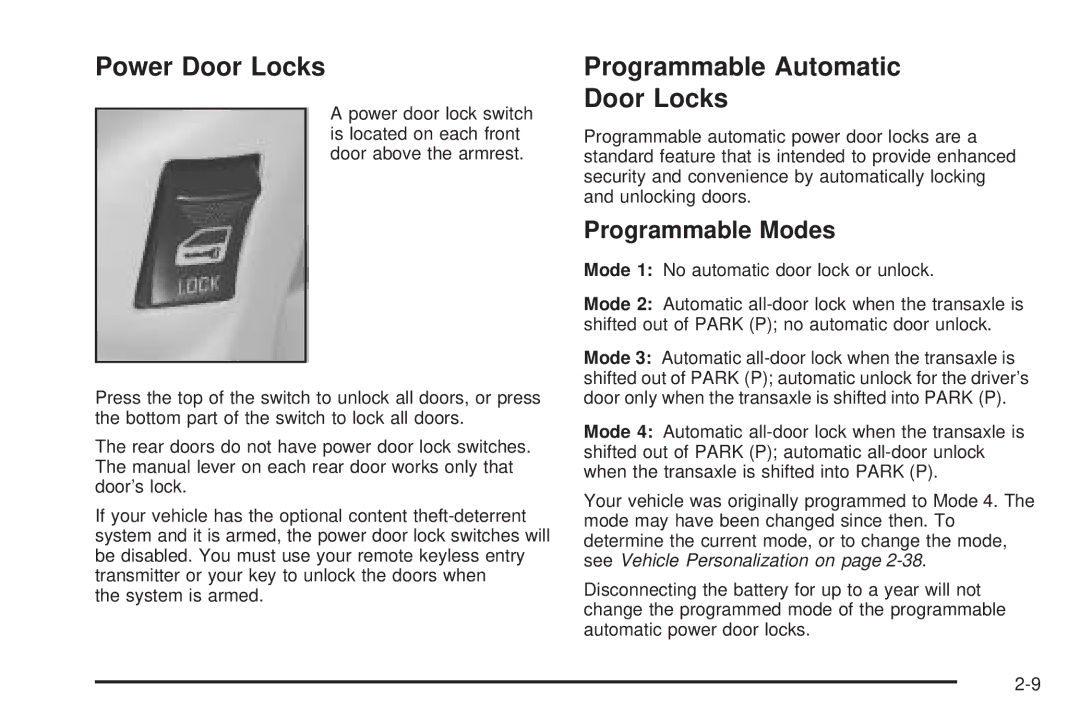 Chevrolet 2005 owner manual Power Door Locks, Programmable Automatic Door Locks, Programmable Modes 