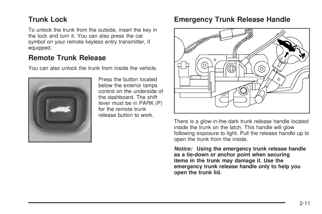 Chevrolet 2005 owner manual Trunk Lock, Remote Trunk Release, Emergency Trunk Release Handle 