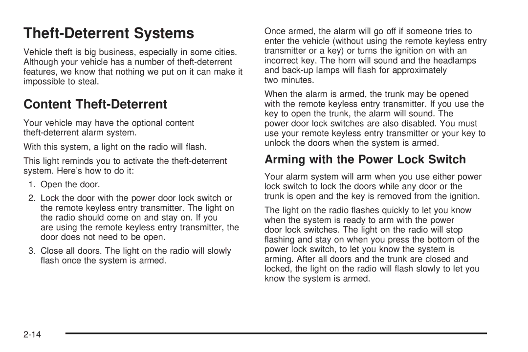 Chevrolet 2005 owner manual Theft-Deterrent Systems, Content Theft-Deterrent, Arming with the Power Lock Switch 