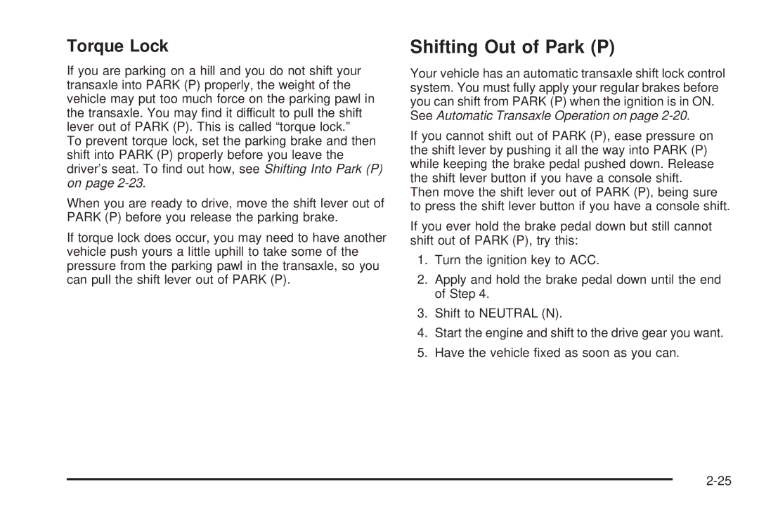 Chevrolet 2005 owner manual Shifting Out of Park P, Torque Lock 