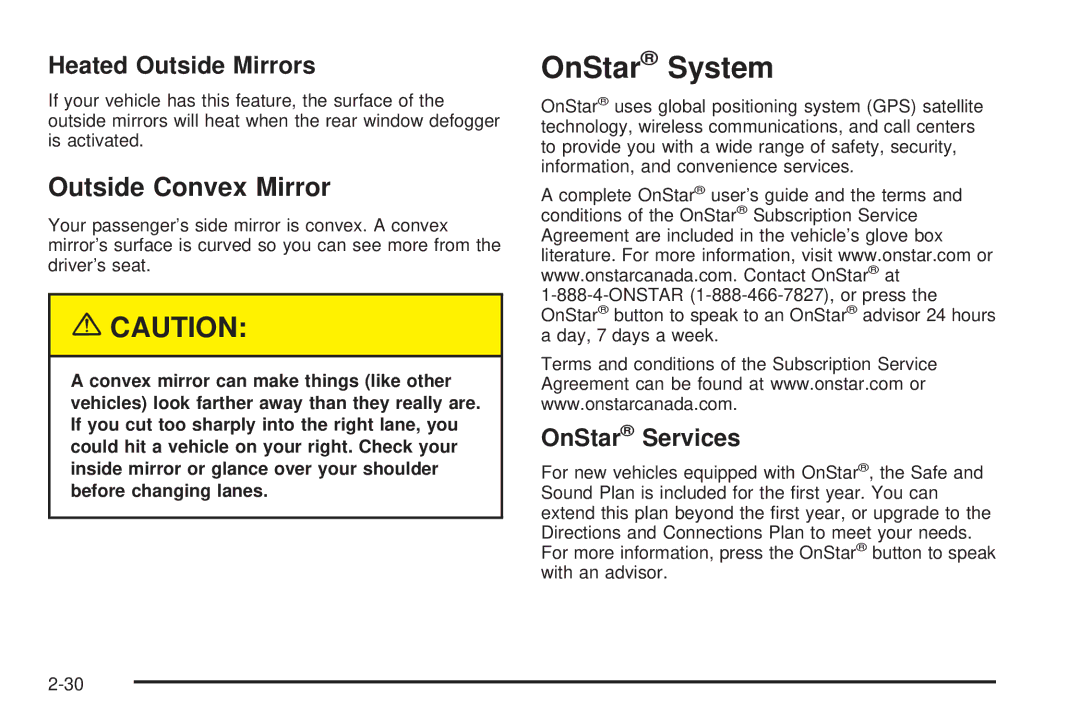 Chevrolet 2005 owner manual OnStar System, Outside Convex Mirror, Heated Outside Mirrors, OnStar Services 