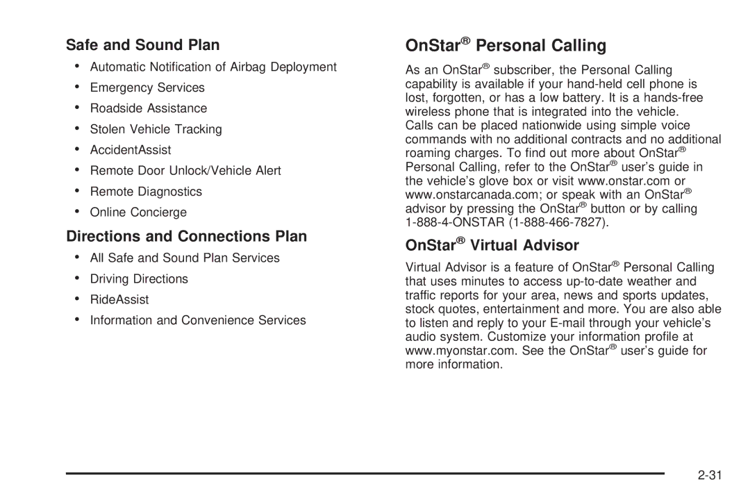 Chevrolet 2005 OnStar Personal Calling, Safe and Sound Plan, Directions and Connections Plan, OnStar Virtual Advisor 