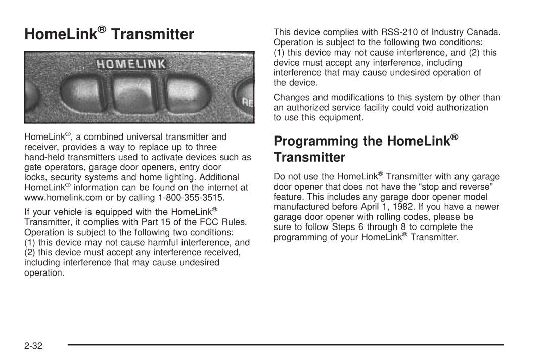 Chevrolet 2005 owner manual Programming the HomeLink Transmitter 