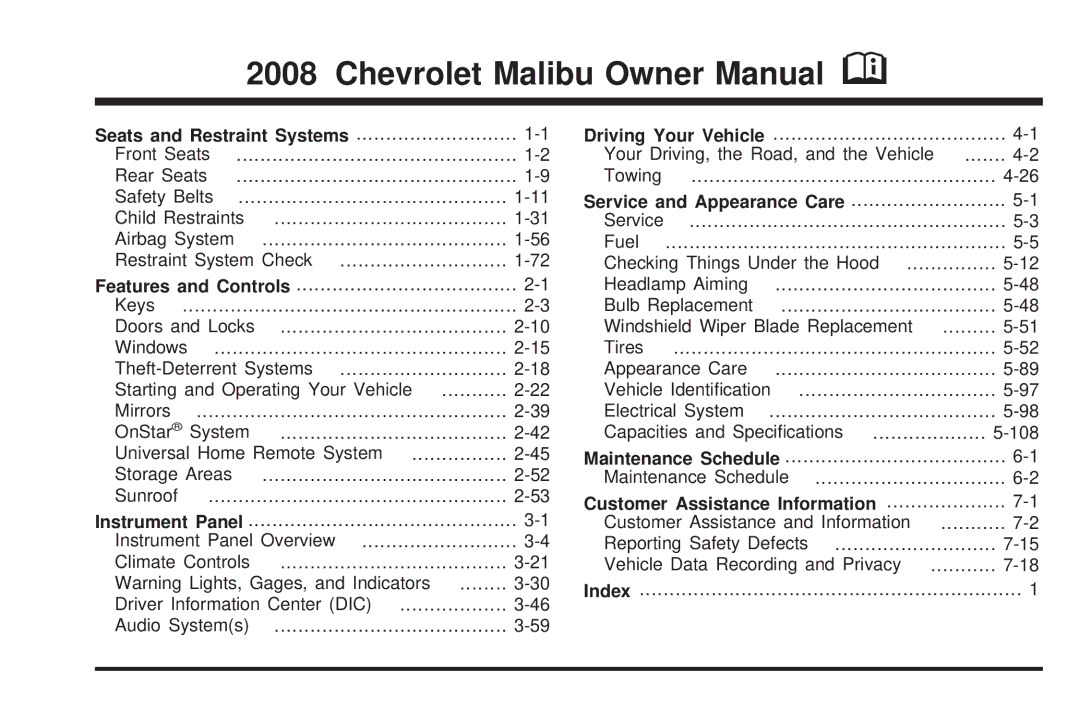 Chevrolet 2008 owner manual Seats and Restraint Systems, Service and Appearance Care, Customer Assistance Information 