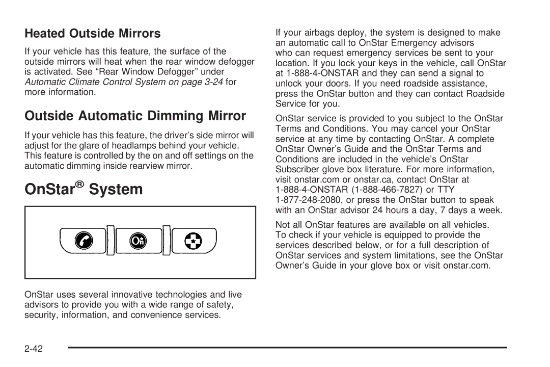 Chevrolet 2008 owner manual OnStar System, Outside Automatic Dimming Mirror, Heated Outside Mirrors 