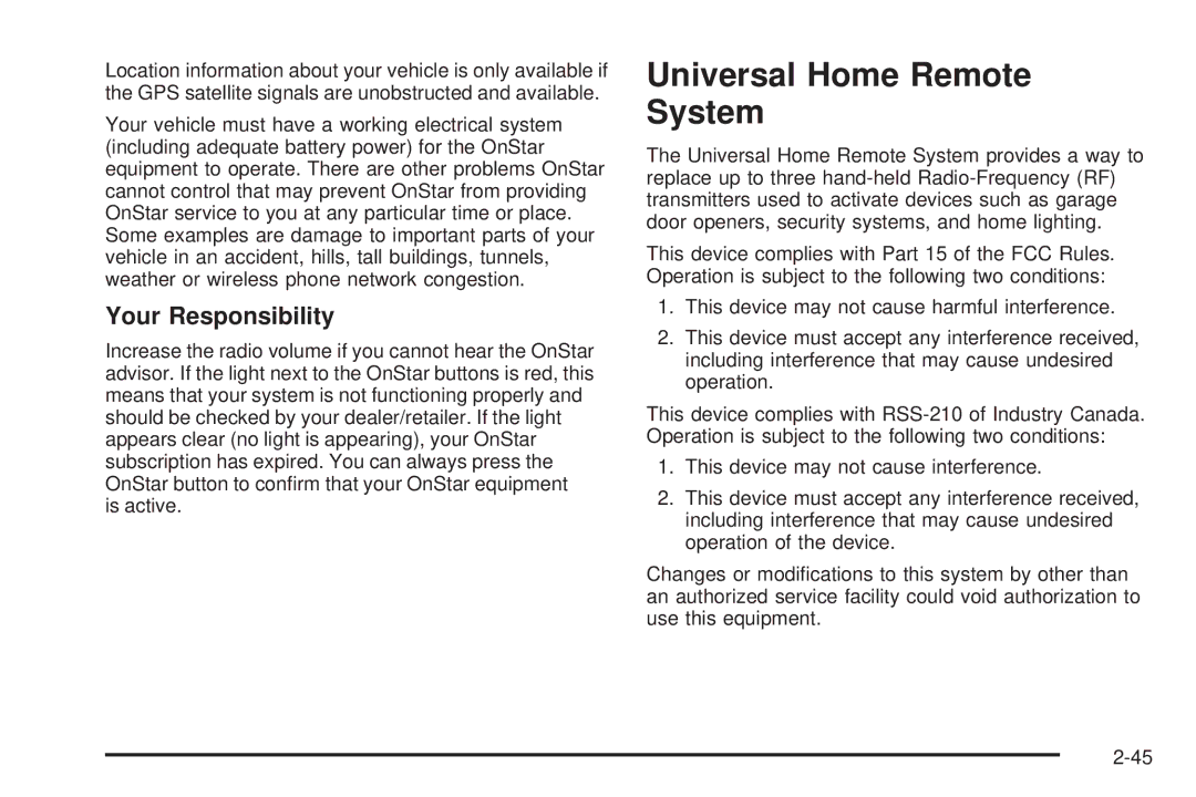 Chevrolet 2008 owner manual Universal Home Remote System, Your Responsibility 