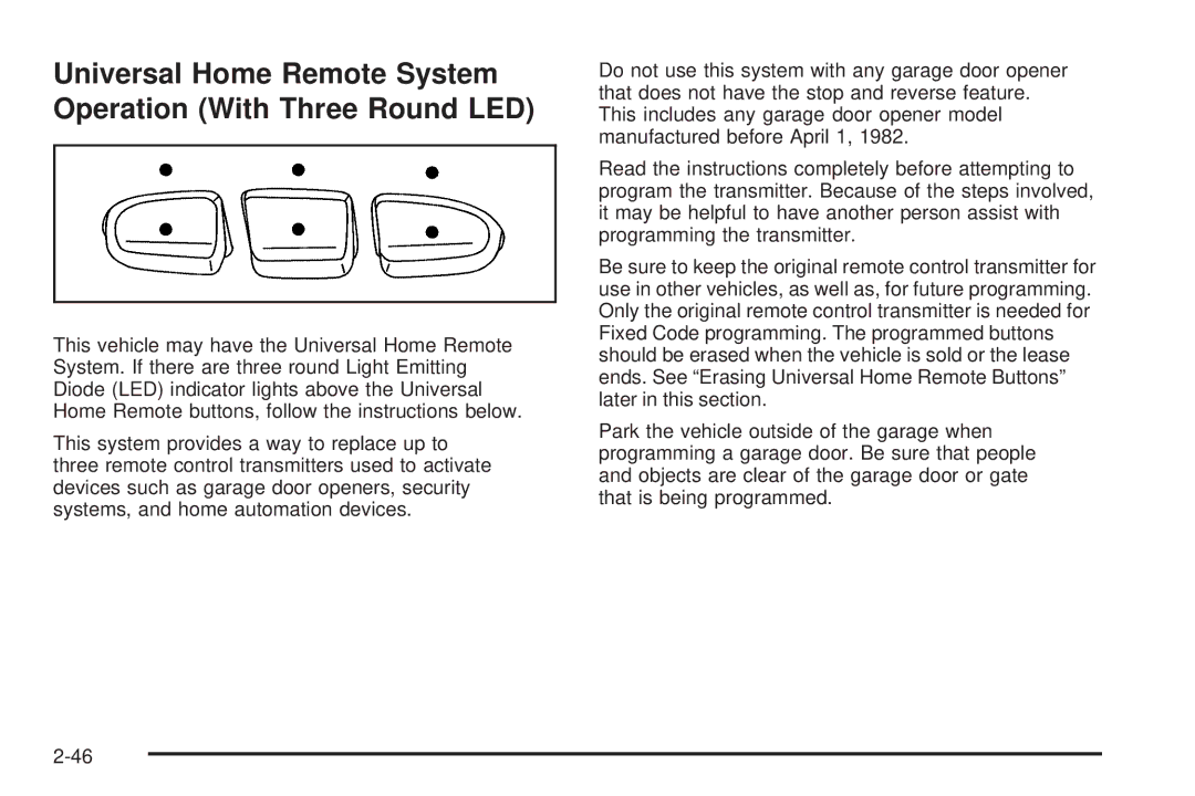 Chevrolet 2008 owner manual Universal Home Remote System Operation With Three Round LED 