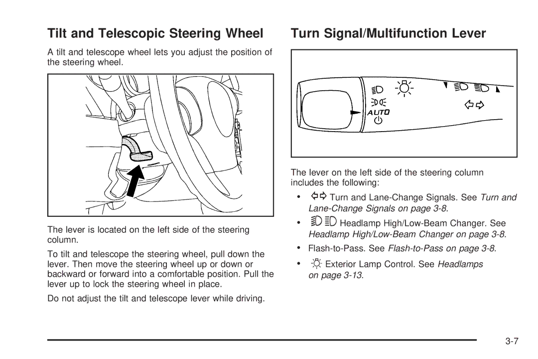 Chevrolet 2008 owner manual Tilt and Telescopic Steering Wheel, Turn Signal/Multifunction Lever 