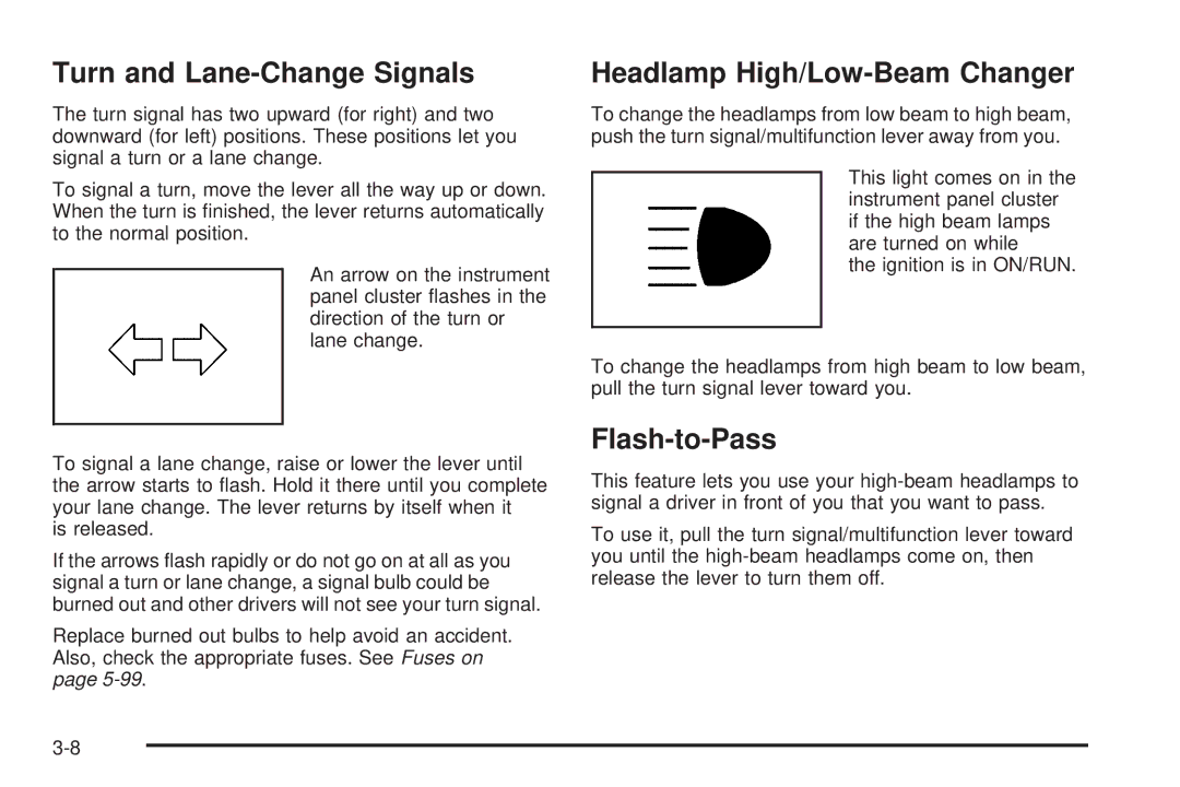 Chevrolet 2008 owner manual Turn and Lane-Change Signals, Headlamp High/Low-Beam Changer, Flash-to-Pass 