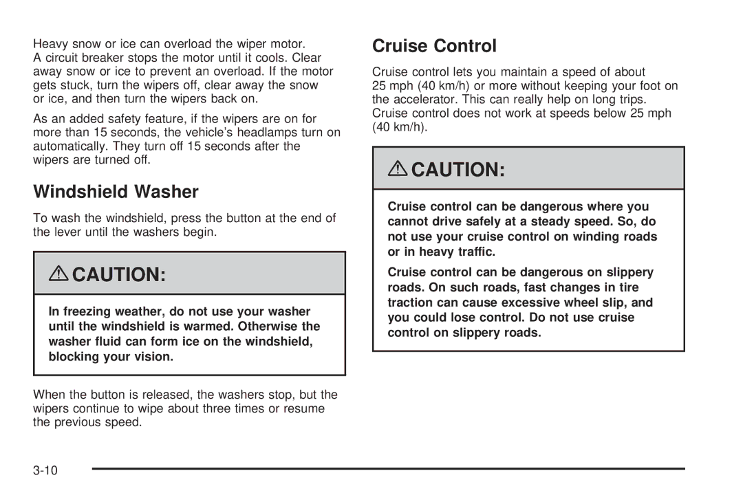 Chevrolet 2008 owner manual Windshield Washer, Cruise Control 