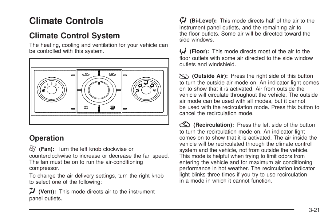 Chevrolet 2008 owner manual Climate Controls, Climate Control System, Operation 