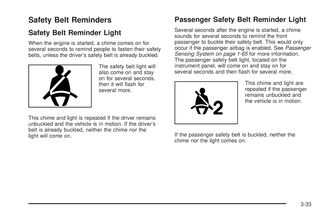 Chevrolet 2008 owner manual Safety Belt Reminders, Passenger Safety Belt Reminder Light 