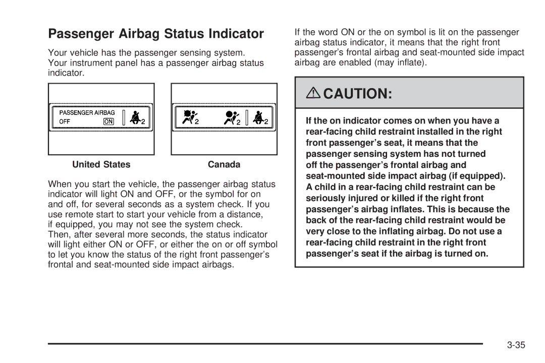 Chevrolet 2008 owner manual Passenger Airbag Status Indicator, United States Canada 