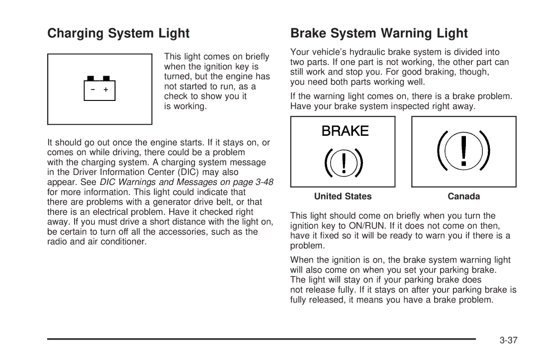 Chevrolet 2008 owner manual Charging System Light, Brake System Warning Light 