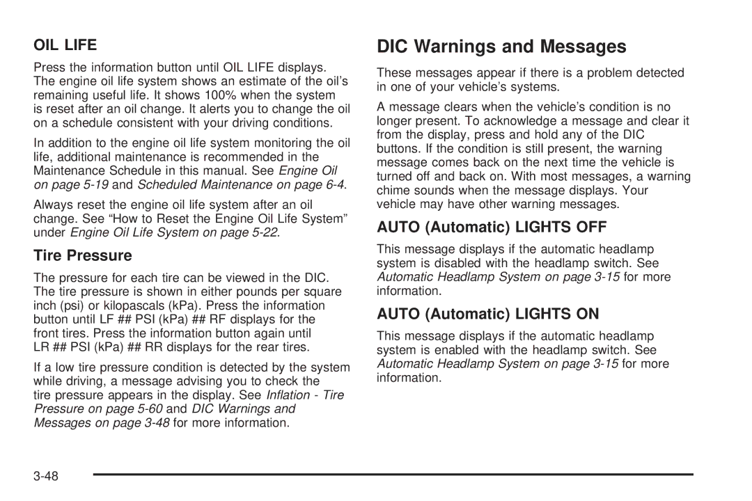 Chevrolet 2008 owner manual DIC Warnings and Messages, Tire Pressure, Auto Automatic Lights OFF, Auto Automatic Lights on 