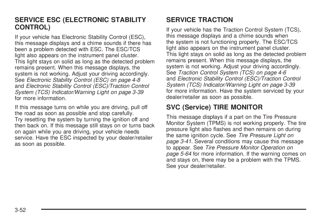 Chevrolet 2008 owner manual Service ESC Electronic Stability Control, SVC Service Tire Monitor 