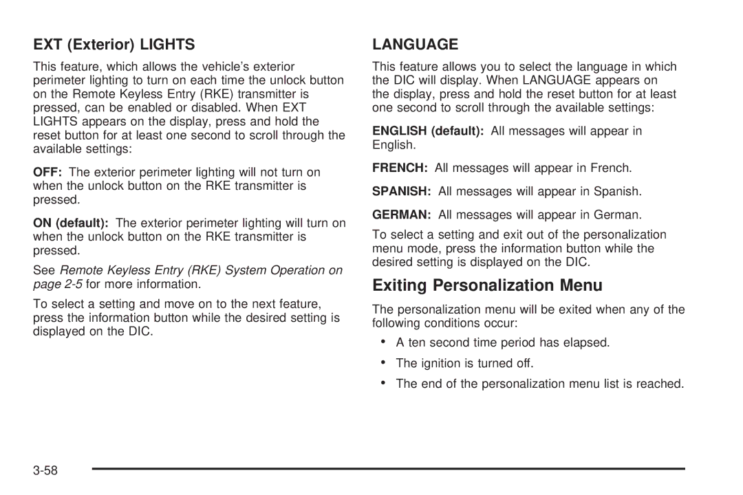 Chevrolet 2008 owner manual Exiting Personalization Menu, EXT Exterior Lights 