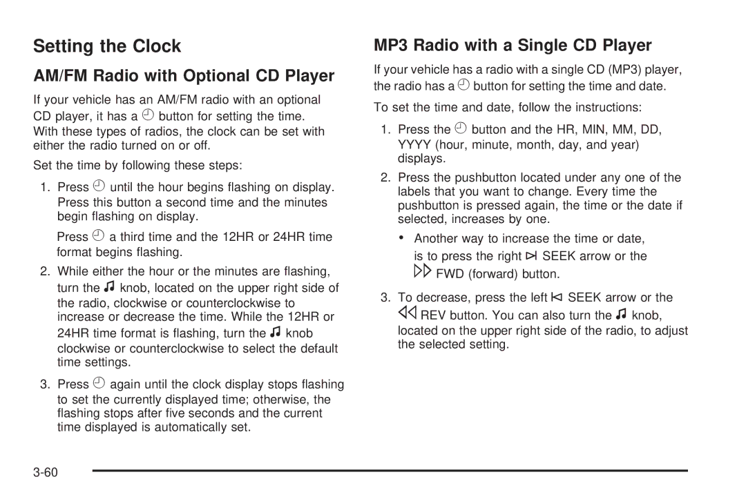 Chevrolet 2008 owner manual Setting the Clock, AM/FM Radio with Optional CD Player, MP3 Radio with a Single CD Player 