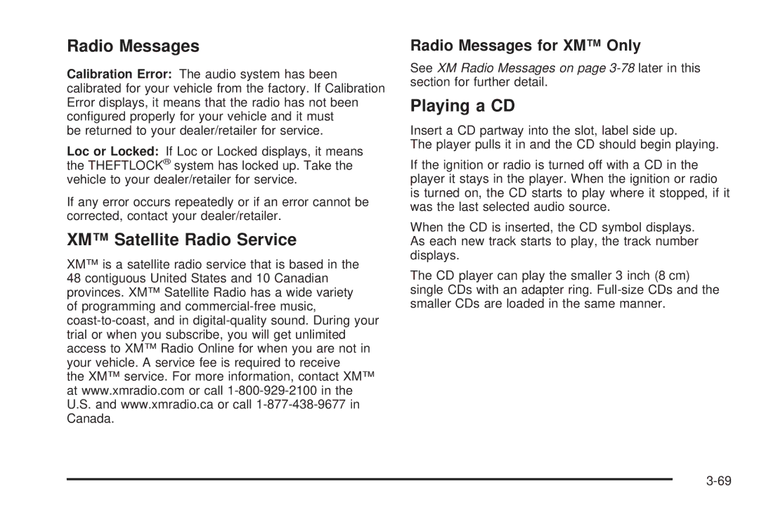 Chevrolet 2008 owner manual XM Satellite Radio Service, Playing a CD, Radio Messages for XM Only 