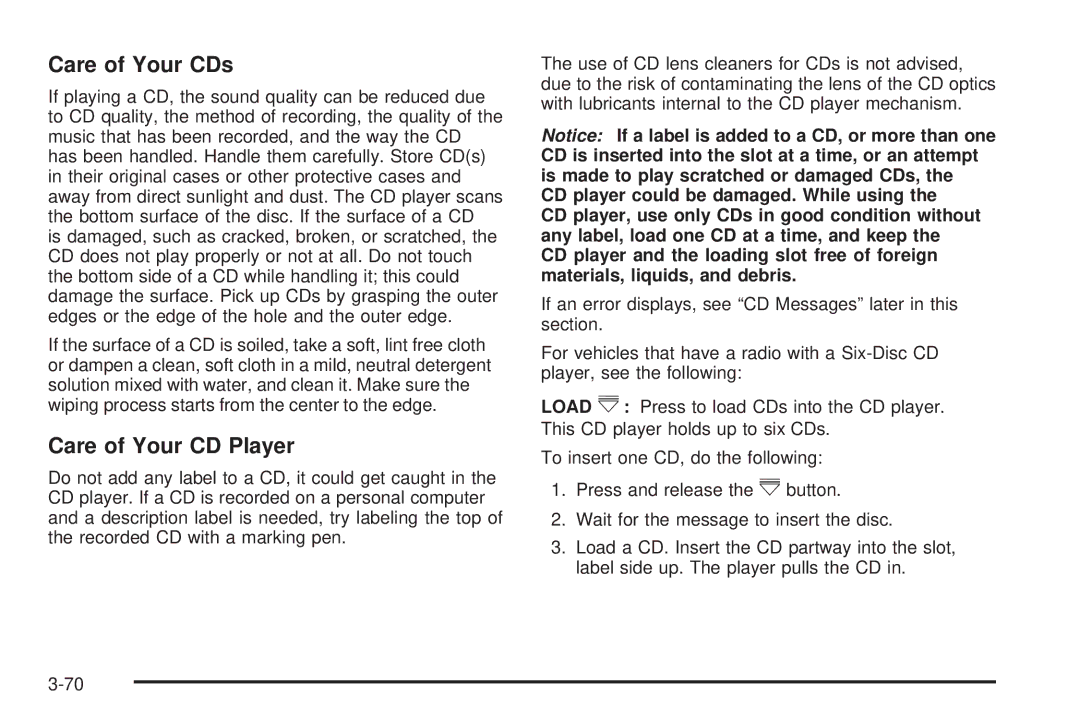 Chevrolet 2008 owner manual Care of Your CDs, Care of Your CD Player 