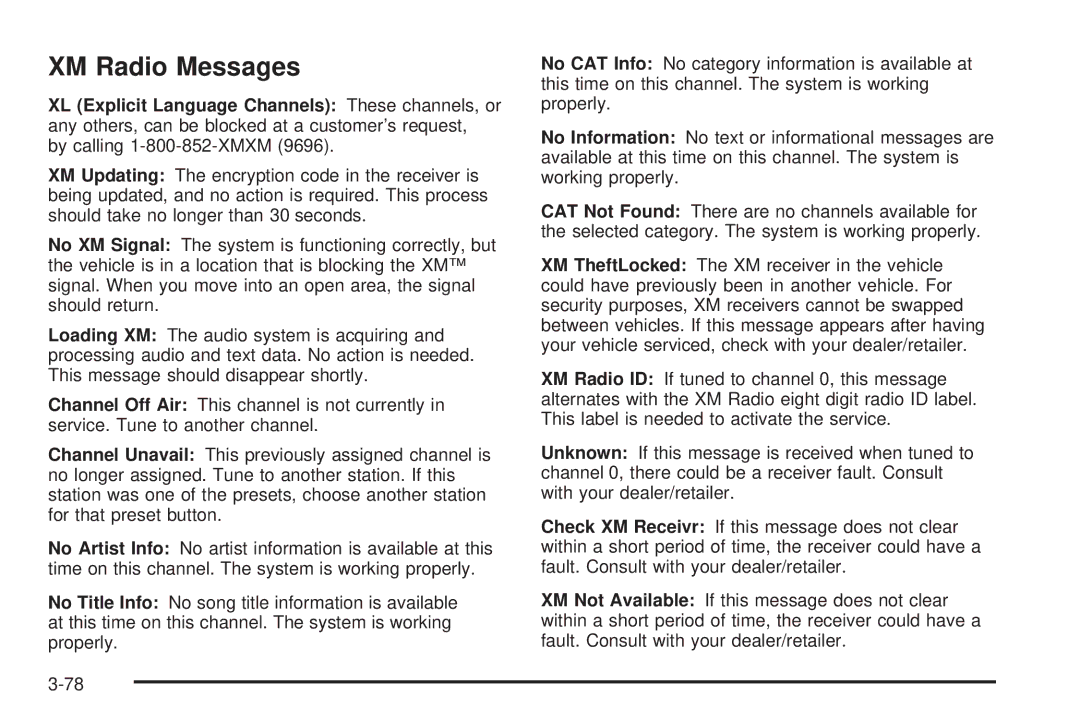 Chevrolet 2008 owner manual XM Radio Messages 