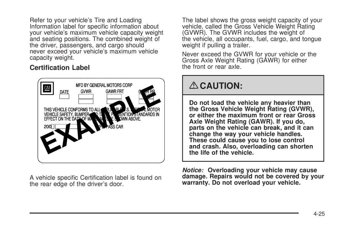 Chevrolet 2008 owner manual Certiﬁcation Label 