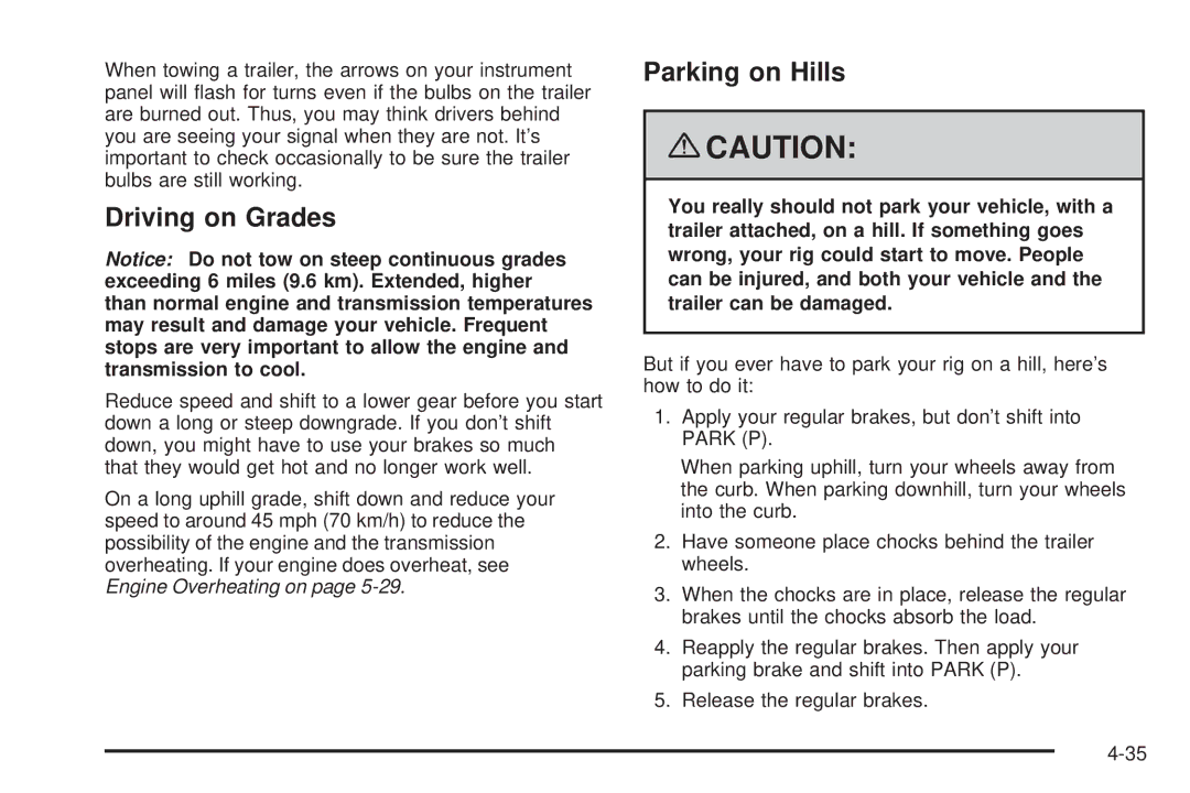 Chevrolet 2008 owner manual Driving on Grades, Parking on Hills 