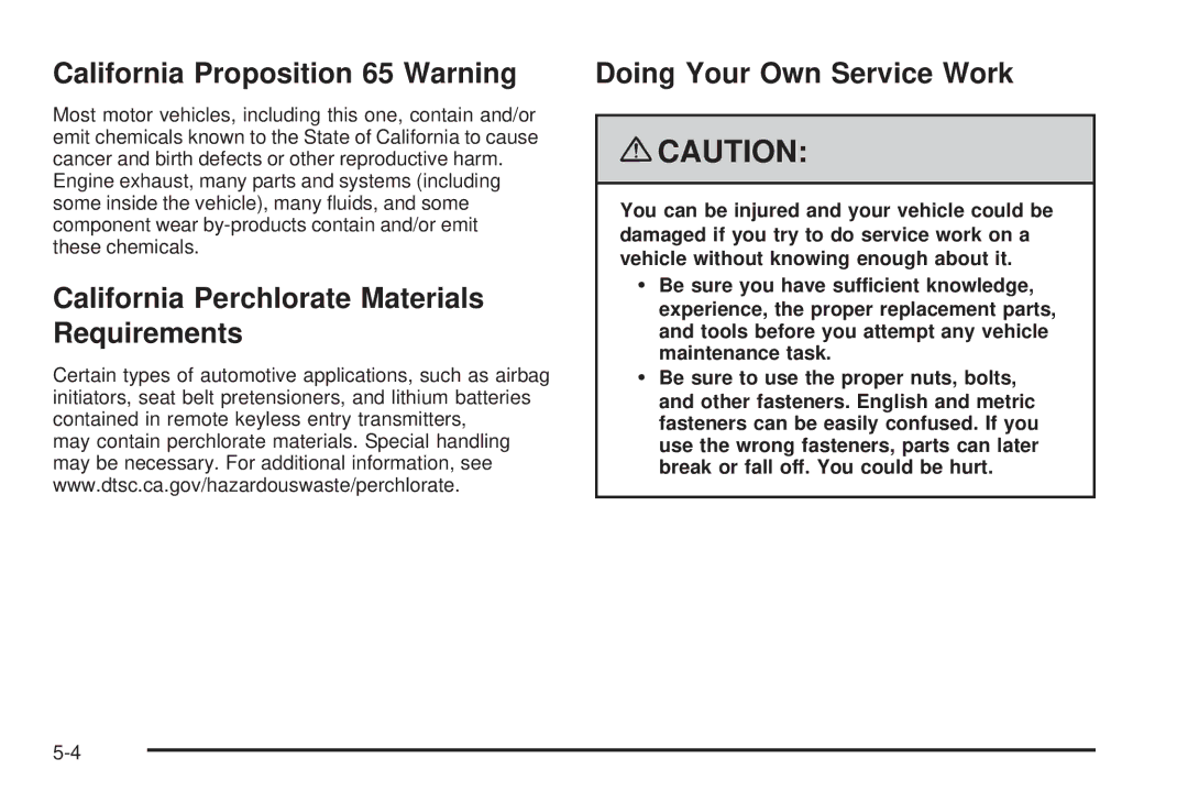 Chevrolet 2008 owner manual California Proposition 65 Warning, California Perchlorate Materials Requirements 