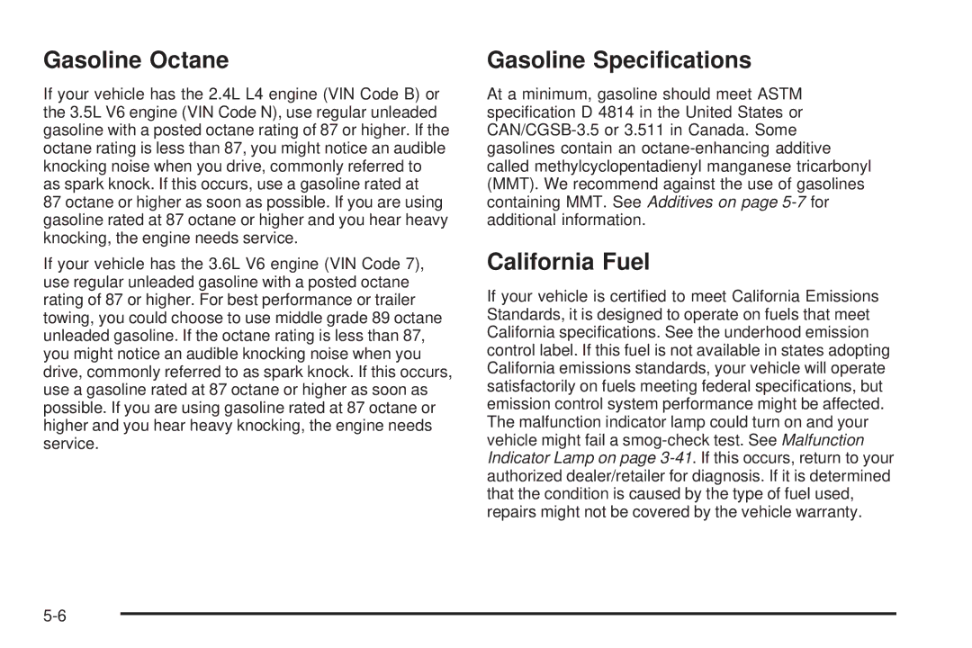 Chevrolet 2008 owner manual Gasoline Octane, Gasoline Speciﬁcations, California Fuel 