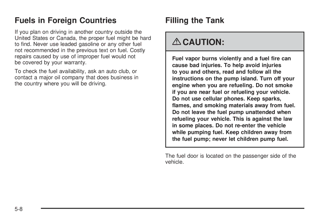 Chevrolet 2008 owner manual Fuels in Foreign Countries, Filling the Tank 