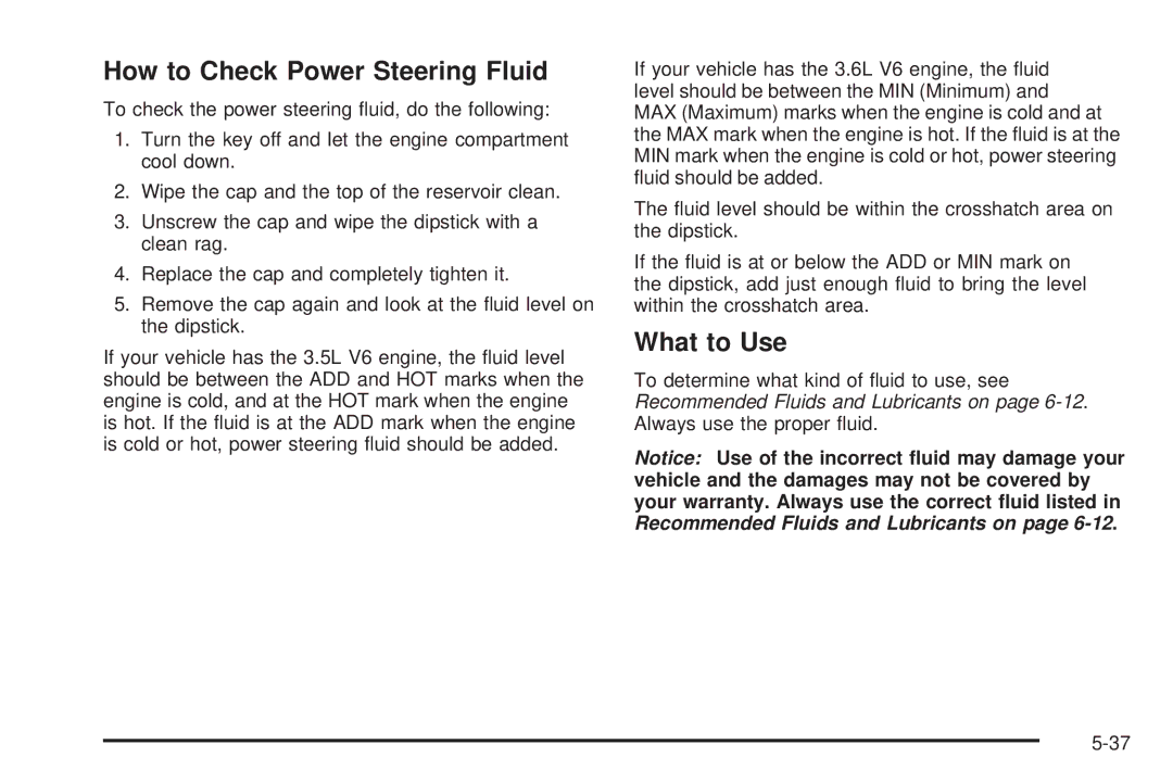 Chevrolet 2008 owner manual How to Check Power Steering Fluid, What to Use 