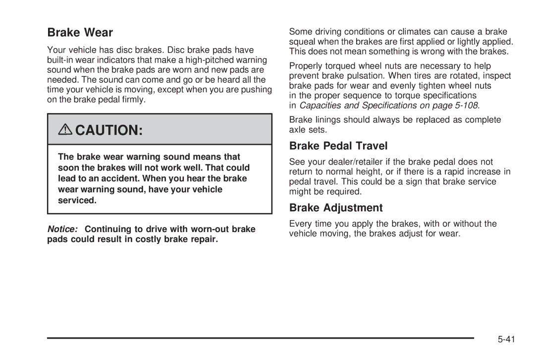 Chevrolet 2008 owner manual Brake Wear, Brake Pedal Travel, Brake Adjustment 