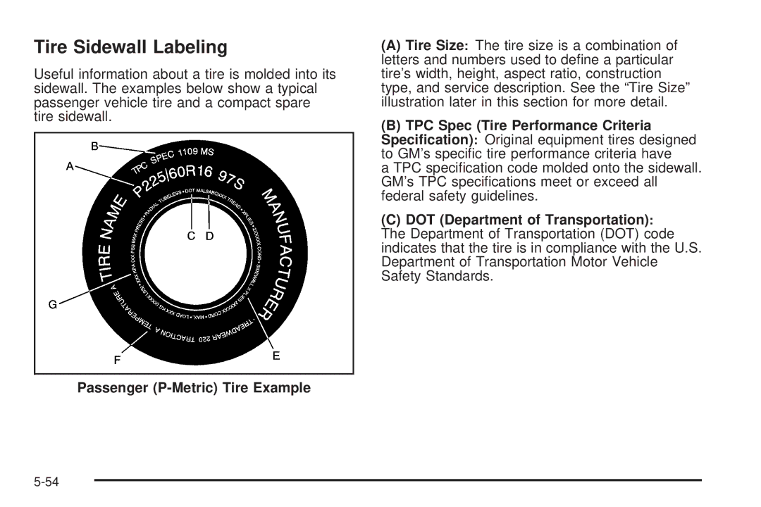 Chevrolet 2008 owner manual Tire Sidewall Labeling, Passenger P-Metric Tire Example 