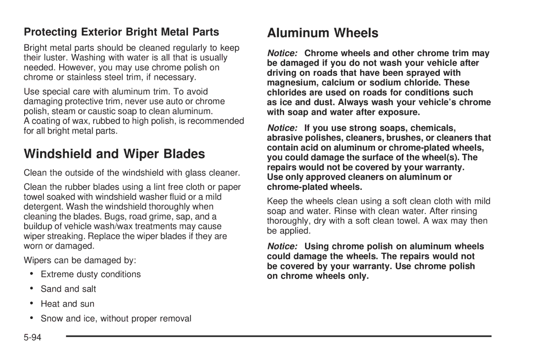 Chevrolet 2008 owner manual Windshield and Wiper Blades, Aluminum Wheels, Protecting Exterior Bright Metal Parts 