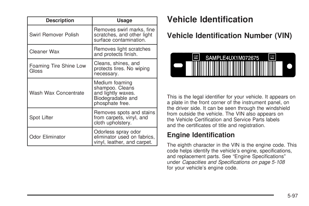 Chevrolet 2008 owner manual Vehicle Identiﬁcation Number VIN, Engine Identiﬁcation 