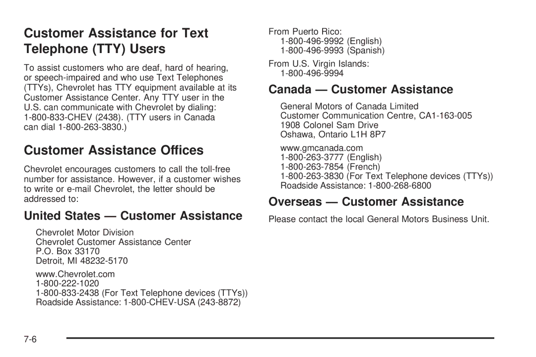 Chevrolet 2008 Customer Assistance for Text Telephone TTY Users, Customer Assistance Offices, Canada Customer Assistance 